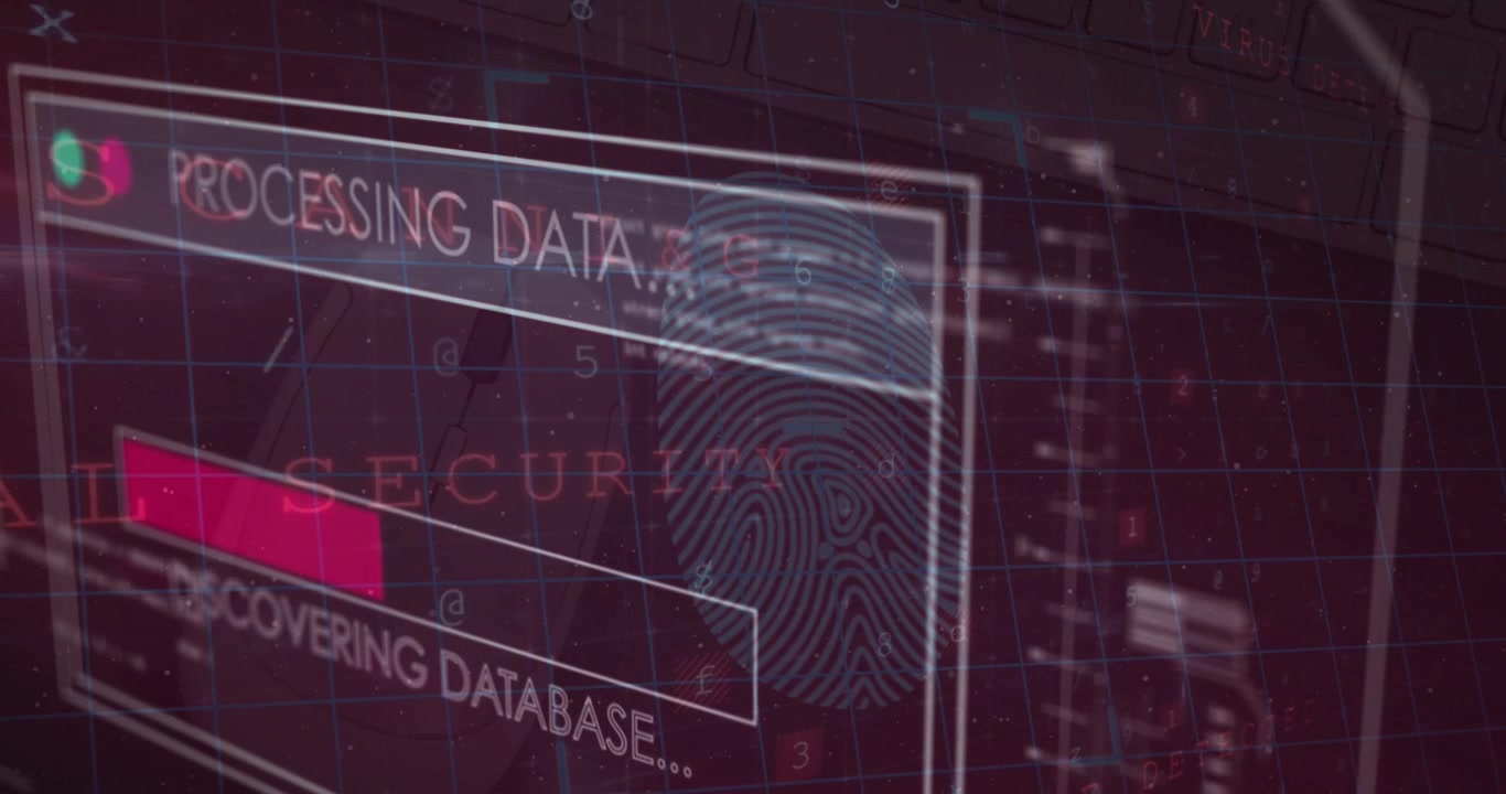 Animation of data processing and security fingerprint over blue background