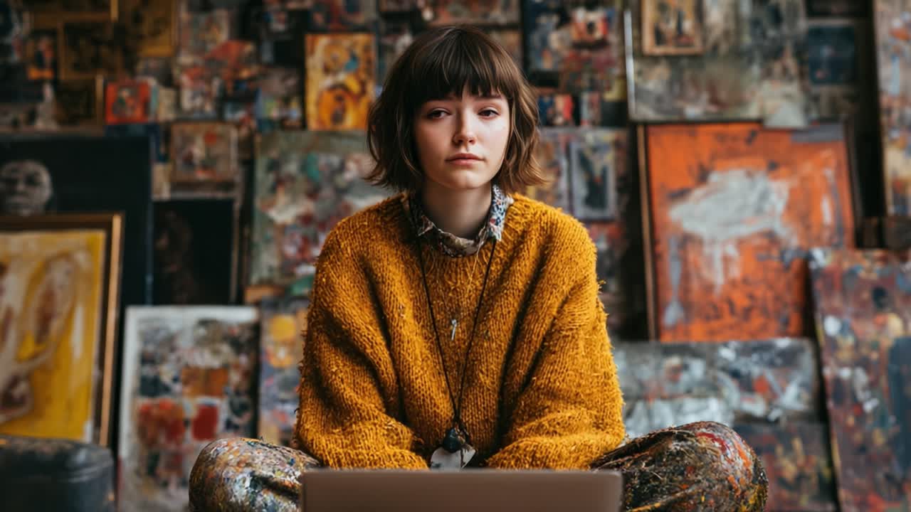 Contemplative Moments: A Young Woman in a Cozy Sweater Gazes Thoughtfully While Surrounded by Artistic Flares of Color and Creative Expression