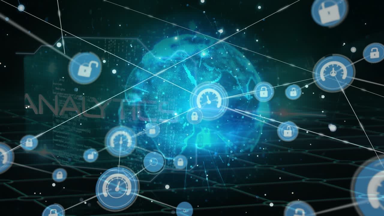 Animation of network of connections with icons over globe and grid