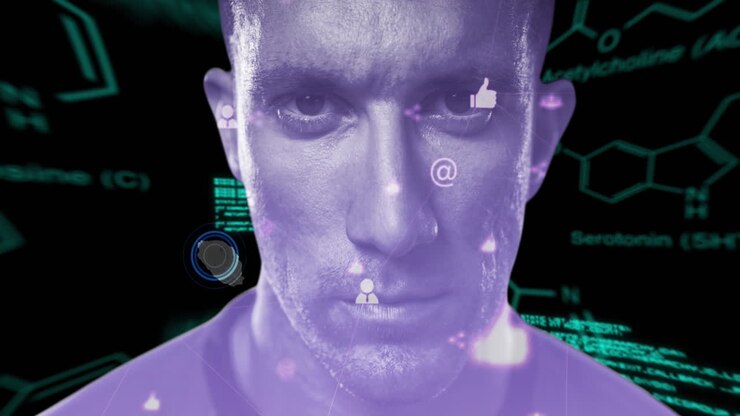 Animation of man head, chemical formulas and data on black background