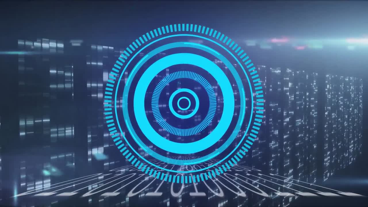 Animation of digital interface and falling icons over dark background