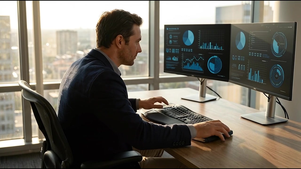 Businessman Analyzing Financial Data on Dual Monitors in Modern Office