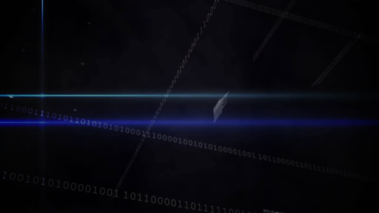 Neon lines radiating, initiating motion toward dark cube code panels and binary forming data tunnel