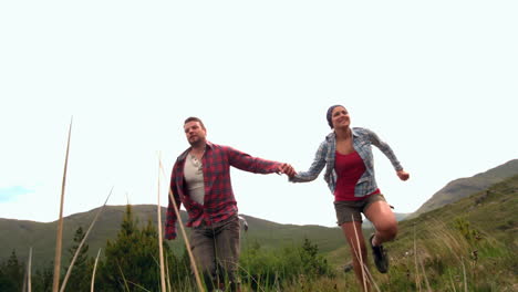 una pareja feliz corriendo de la mano por el campo.