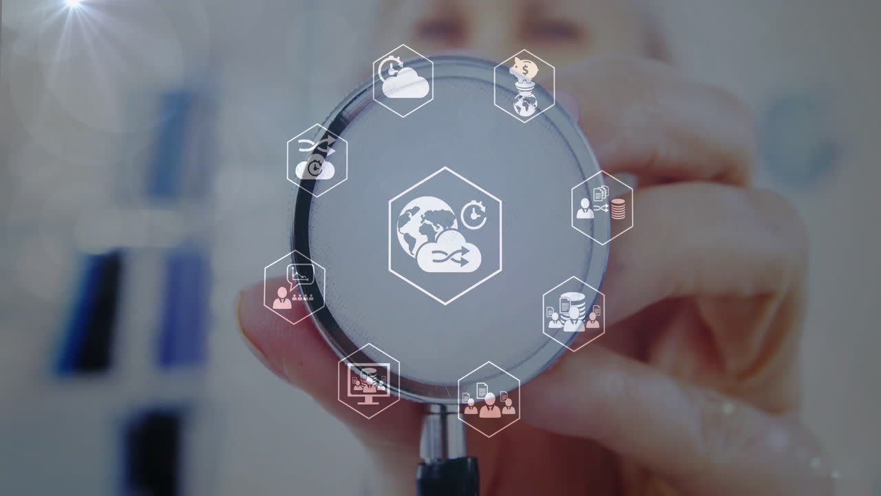 Animation of digital icons over caucasian female doctor with stethoscope