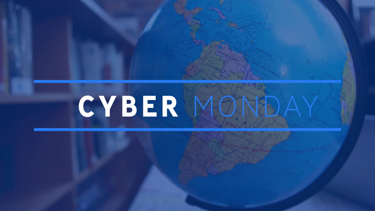 In library, globe with Cyber Monday text featuring animation for school project