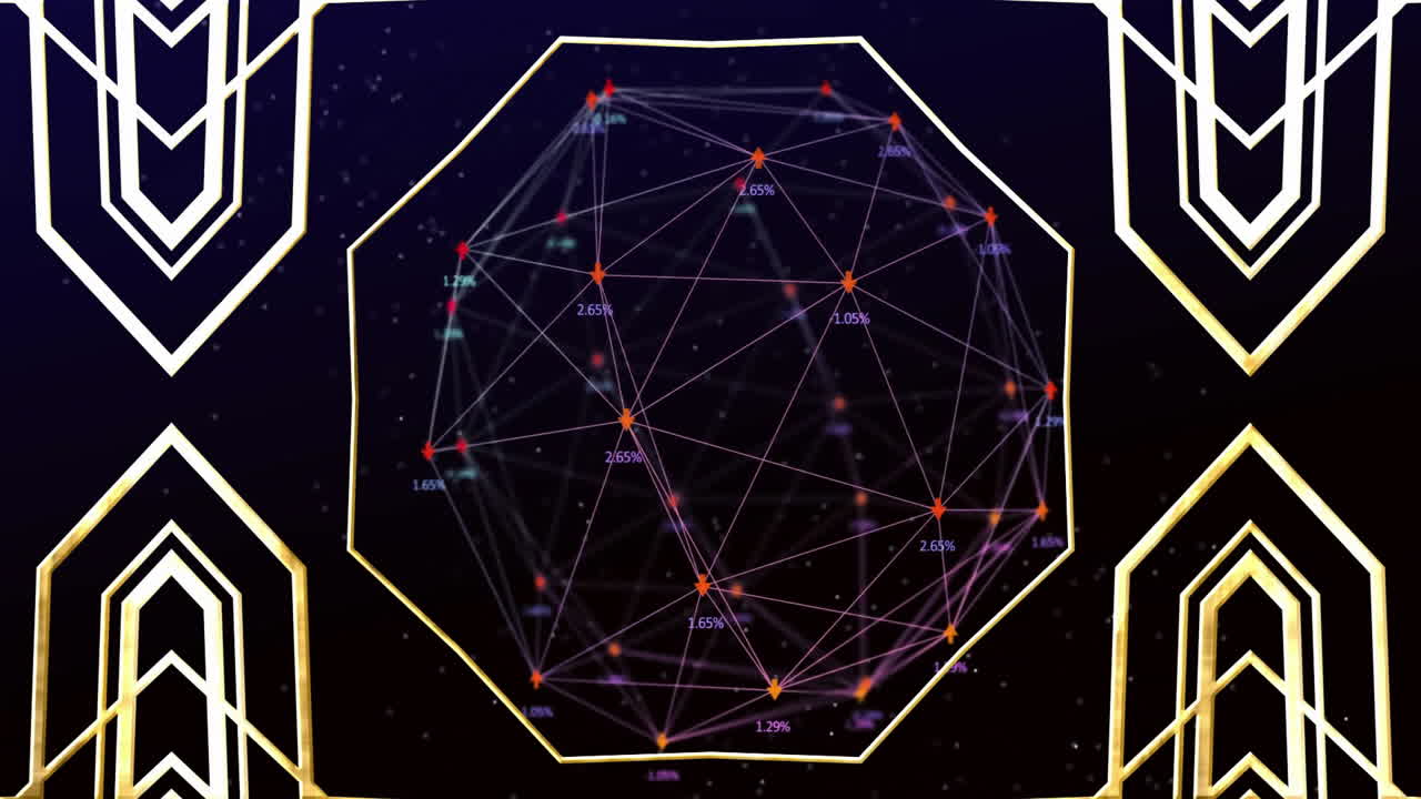 Animation of geometric network with percentage data on dark background in school
