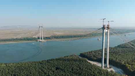 Construction-Of-Braila-Bridge---Suspension-Bridge-Over-Danube-River-In-Braila,-Romania