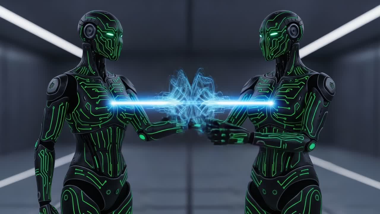 Un incontro futuristico: due robot avanzati interagiscono in modo unico, a simboleggiare la connessione attraverso la tecnologia e l'innovazione in un ambiente high-tech