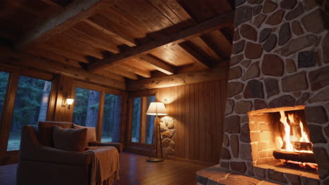 cozy rustic lodge interior with stone fireplace and forest view