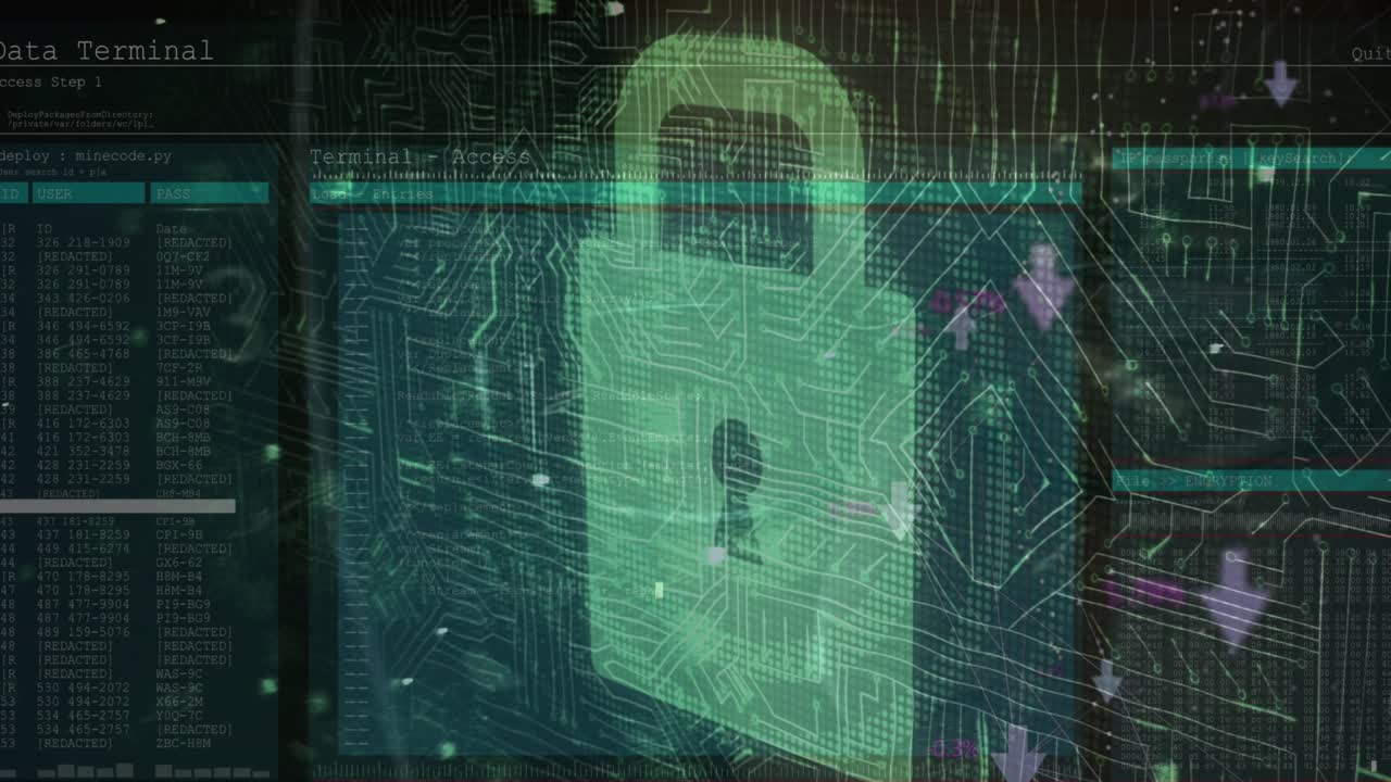 Security padlock icon and microprocessor connections against close up of a male hacker