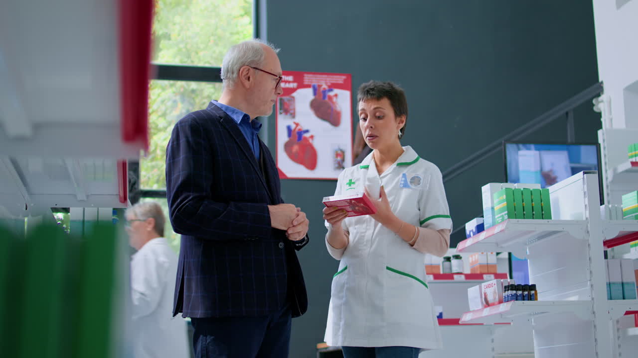 el anciano le pregunta a la farmacéutica su opinión.