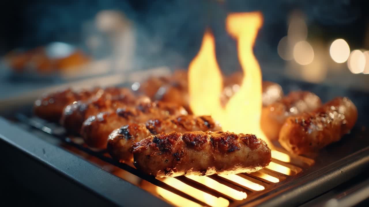 Salsicce che Sfrigolano sulla Griglia Sopra le Fiamme: Un Momento Culinario Accattivante che Mostra Carni Succulente e Deliziosi Sapori Cotti al Fuoco in un Vibrante Ambiente Esterno