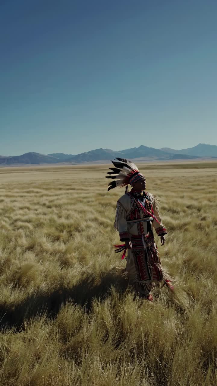 Aerial video captures a person in traditional attire standing in a vast, grassy field with mountains