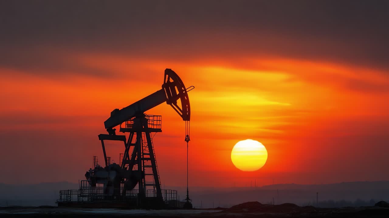 Silhouette of an Oil Pump Jack Against a Stunning Sunset, Highlighting the Intersection of Industry and Nature's Beauty in a Striking Landscape