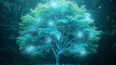 a glimmering tree illuminated by ethereal lights amidst a mysterious forest, capturing the enchantment and serenity of nature's beauty