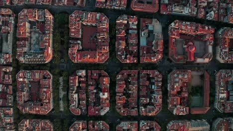 slider top down drone shot of barcelona grid city square blocks