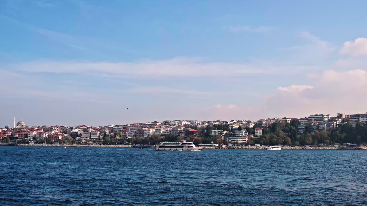 Stunning 4K cityscape of Istanbul, Turkey. Ferries and boats cross the Bosphorus Strait, with the iconic bridge and modern skyline in the background