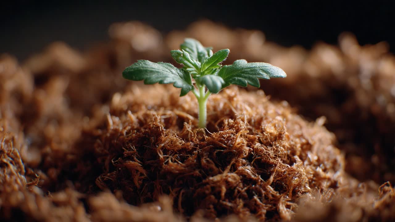 Nyt liv opstår: Nærbillede af en ung plante, der vokser fra en fyldig, fiberholdig jord, der symboliserer fornyelse og forbindelse til naturen
