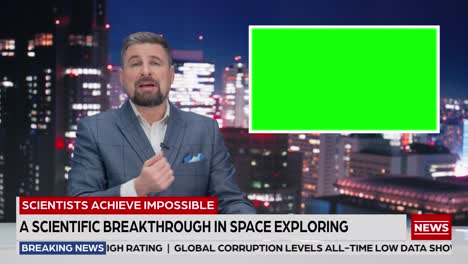 late night tv talk show live news program: anchorman presenter reporting, uses green screen template. television cable channel anchorman host talks. network broadcast newsroom studio mockup playback