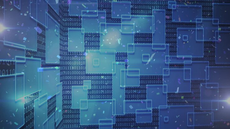 Animation of digital blocks forming binary code for data processing concept