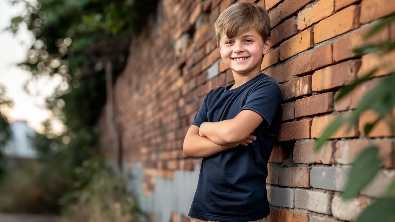 Young boy with light brown hair displays a range of joyful expressions while leaning against a rustic brick wall, capturing a playful and relaxed atmosphere