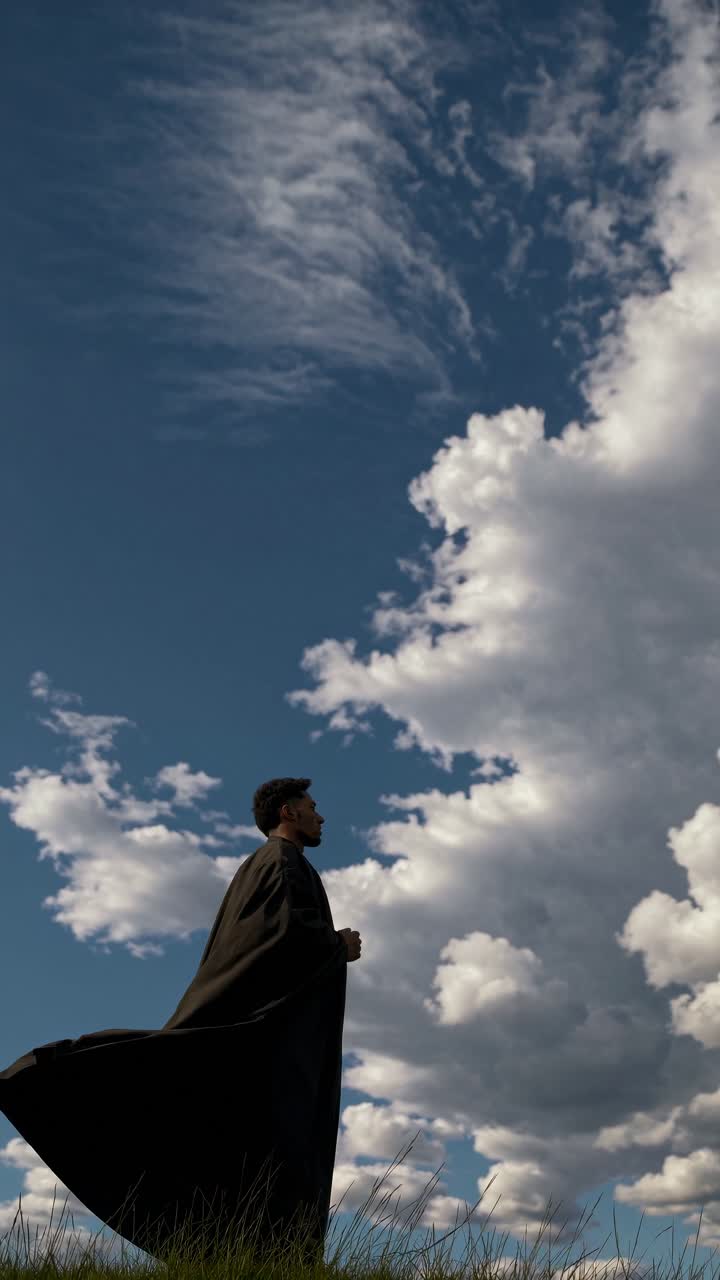 Una scena video drammatica con un'inquadratura dal basso di una persona con un mantello contro un cielo immenso.