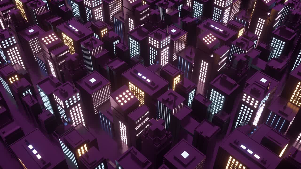 bucle sin fisuras de la ciudad cyberpunk isométrica con rascacielos. vj onda sintética bucle 3d de fondo