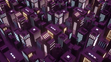 seamless loop of isometric cyberpunk city with skyscrapers. vj synthwave looping 3d background