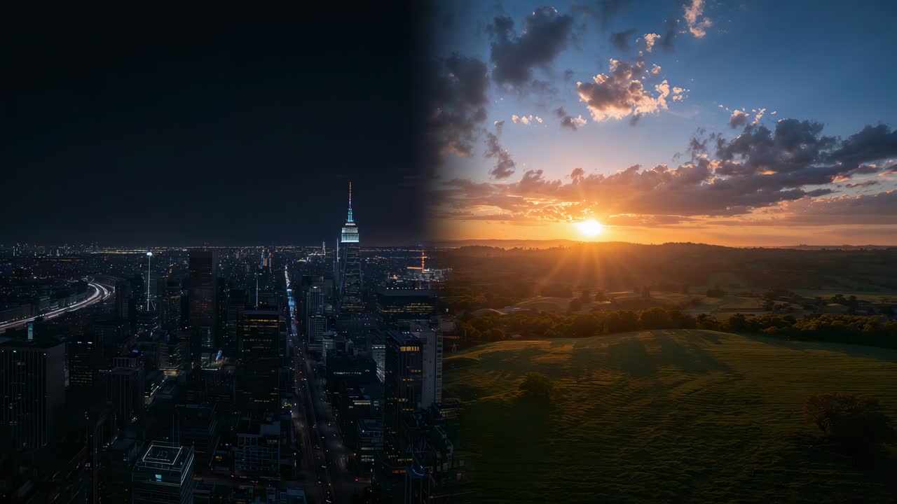 Showing split aerial view, left city skyline remaining lit, right sun rising over hills, copy space