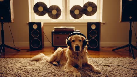 golden retriever listening to music in a retro home audio room