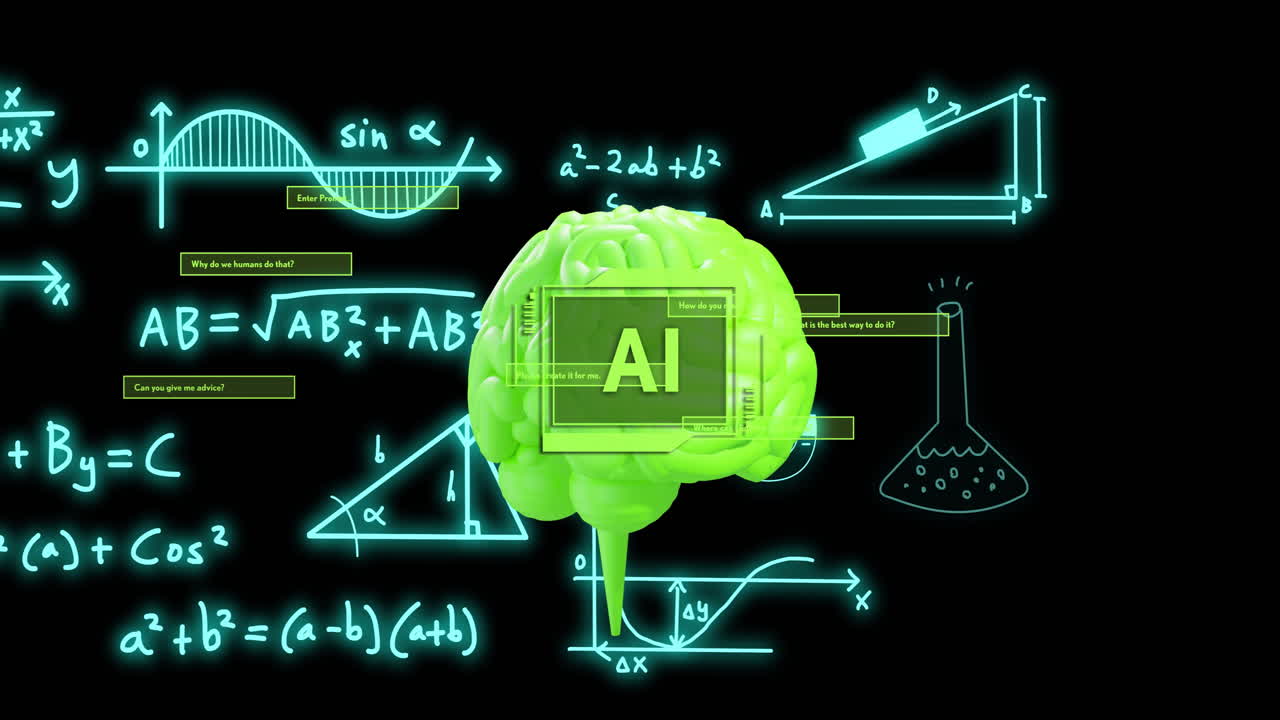 Animation of ai text, brain and data processing over black background