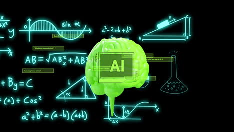 animación de un texto, cerebro y procesamiento de datos sobre un fondo negro