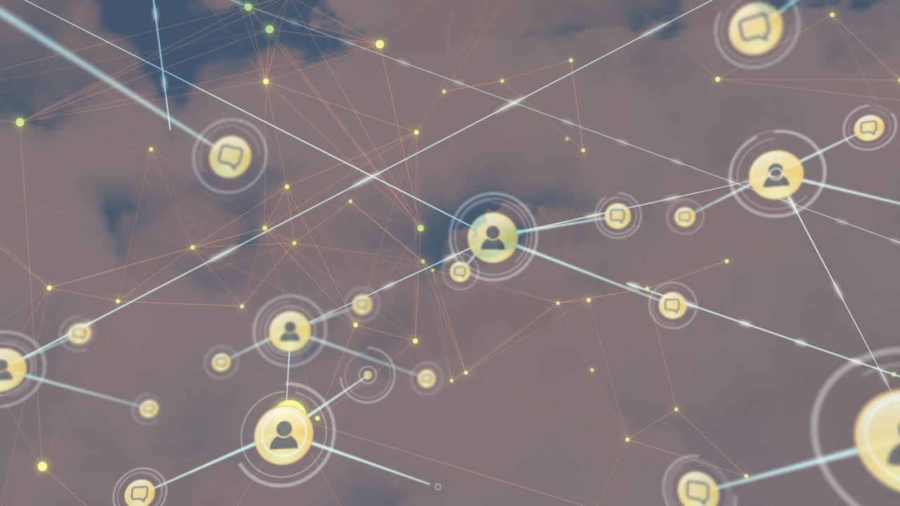 Animation of network of connections with icons over sky