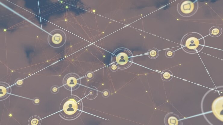 Animation of network of connections with icons over sky