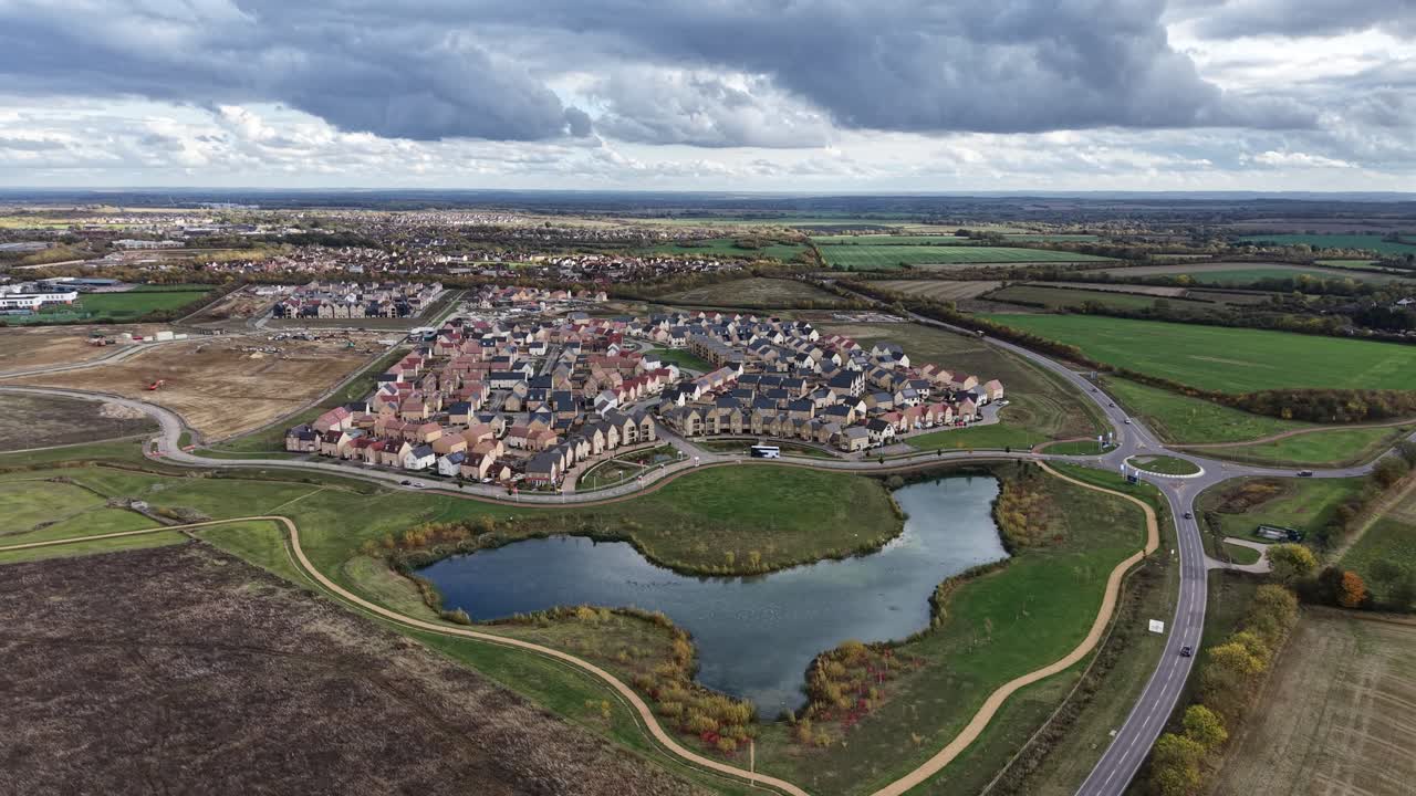 West Cambourne new development Cambridgeshire UK drone,aerial reverse footage