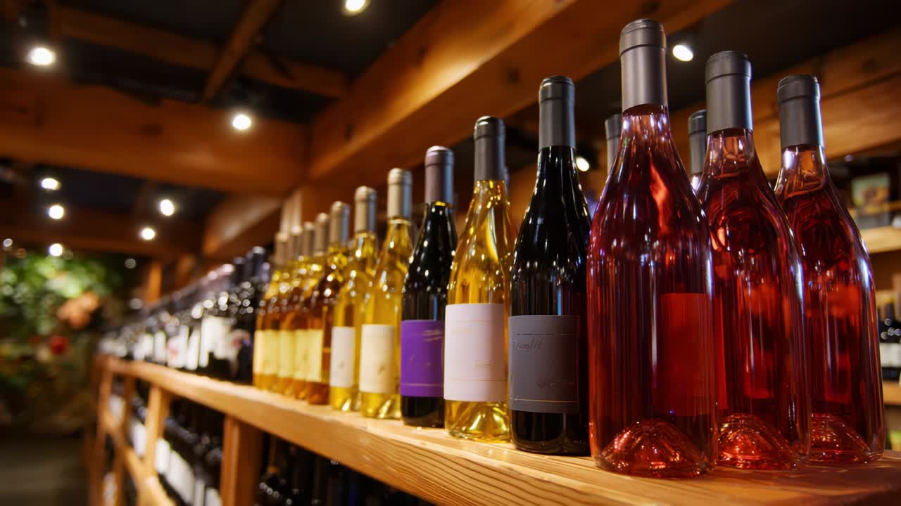 A Vibrant Display of Diverse Wine Bottles in Various Colors on a Rustic Wooden Shelf, Illuminated by Warm Lighting, Showcasing the Artistry of Wine Selection for Enthusiasts and Connoisseurs Alike