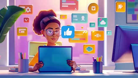 cartoon illustration of a woman working with social media icons