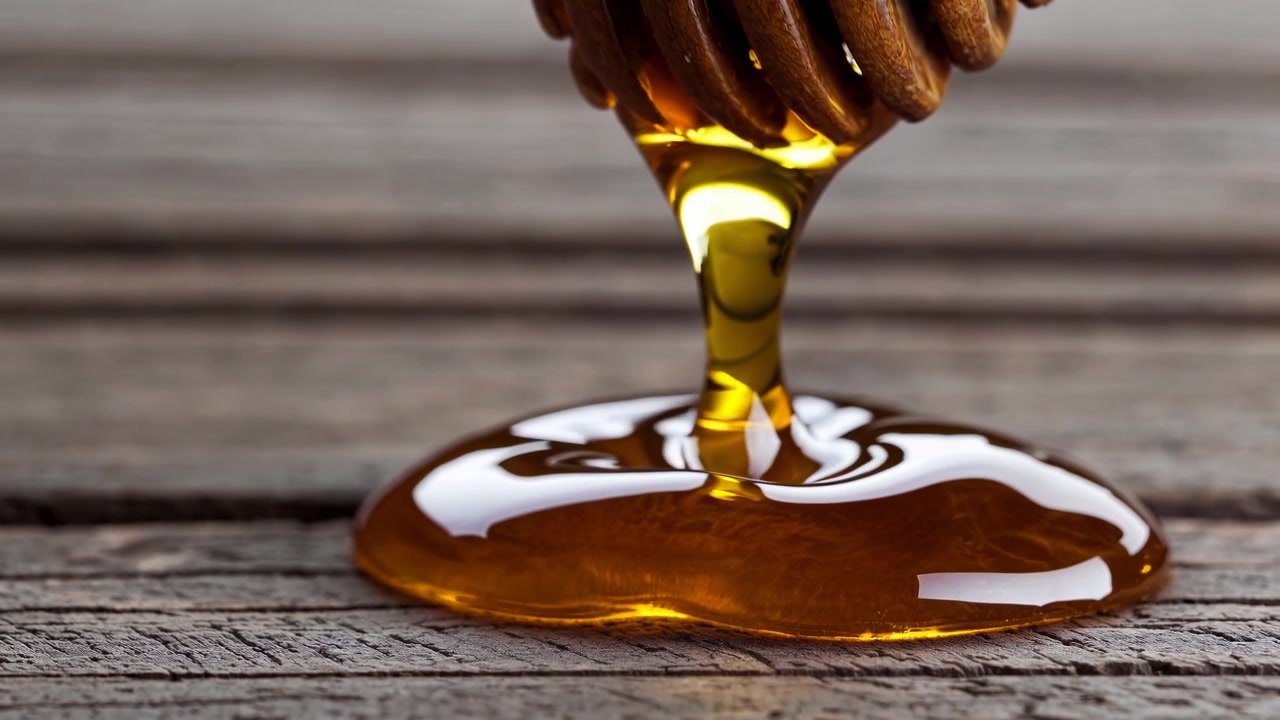 Miele dorato dolce che cola da un mestolino di legno su un tavolo rustico