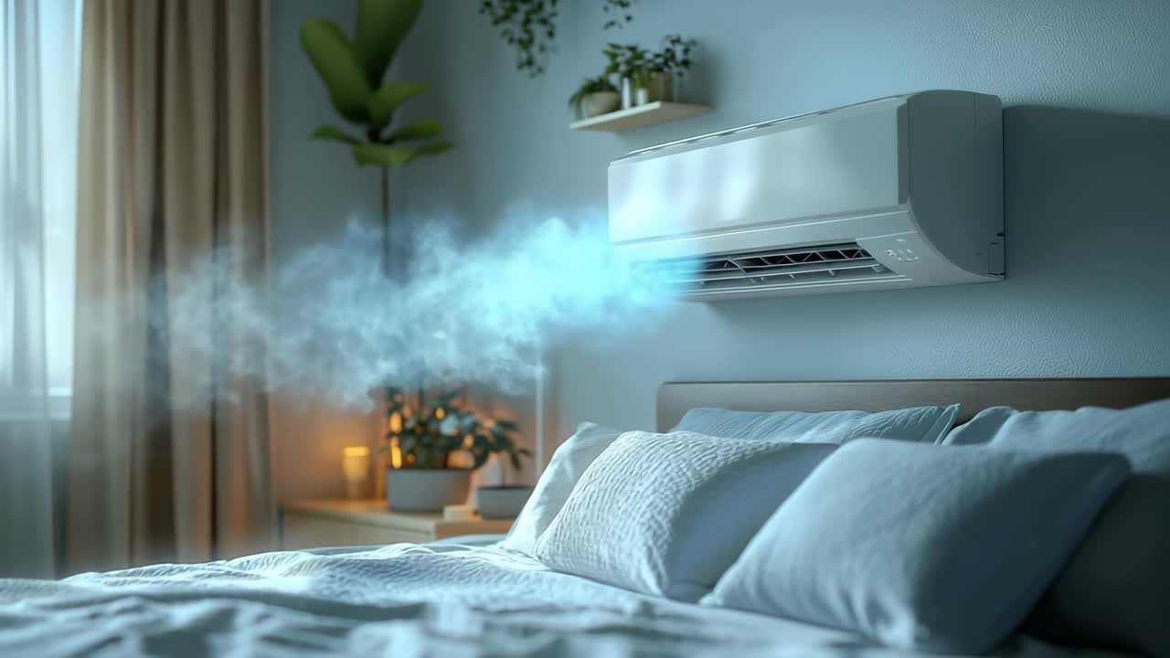 Cool air flows in cozy room. A modern AC cools the stylish bedroom, creating a comfy atmosphere with soft lighting.