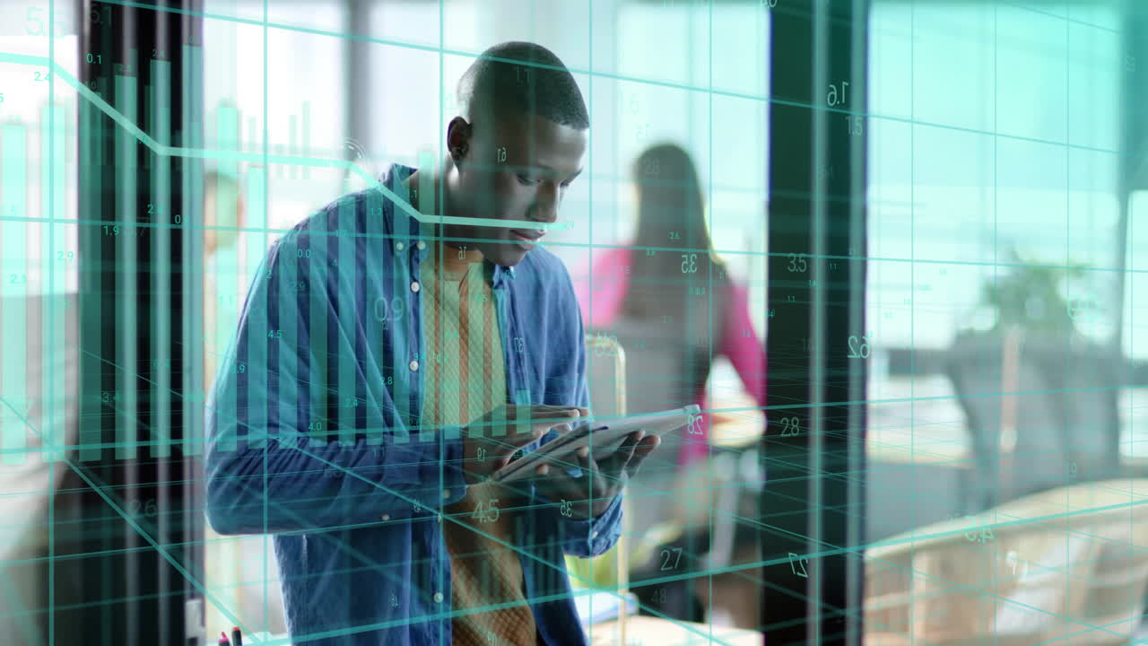 Animation of financial data processing over african american businessman working in office