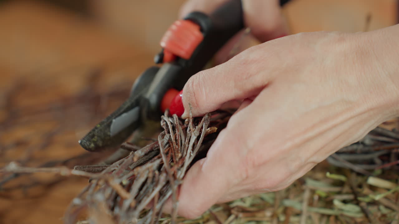 Female florist hands with red nails using pruning shears to cut twigs while crafting wreath on wooden surface, emphasizing detail, craftsmanship, handmade decoration process, rustic style and natural