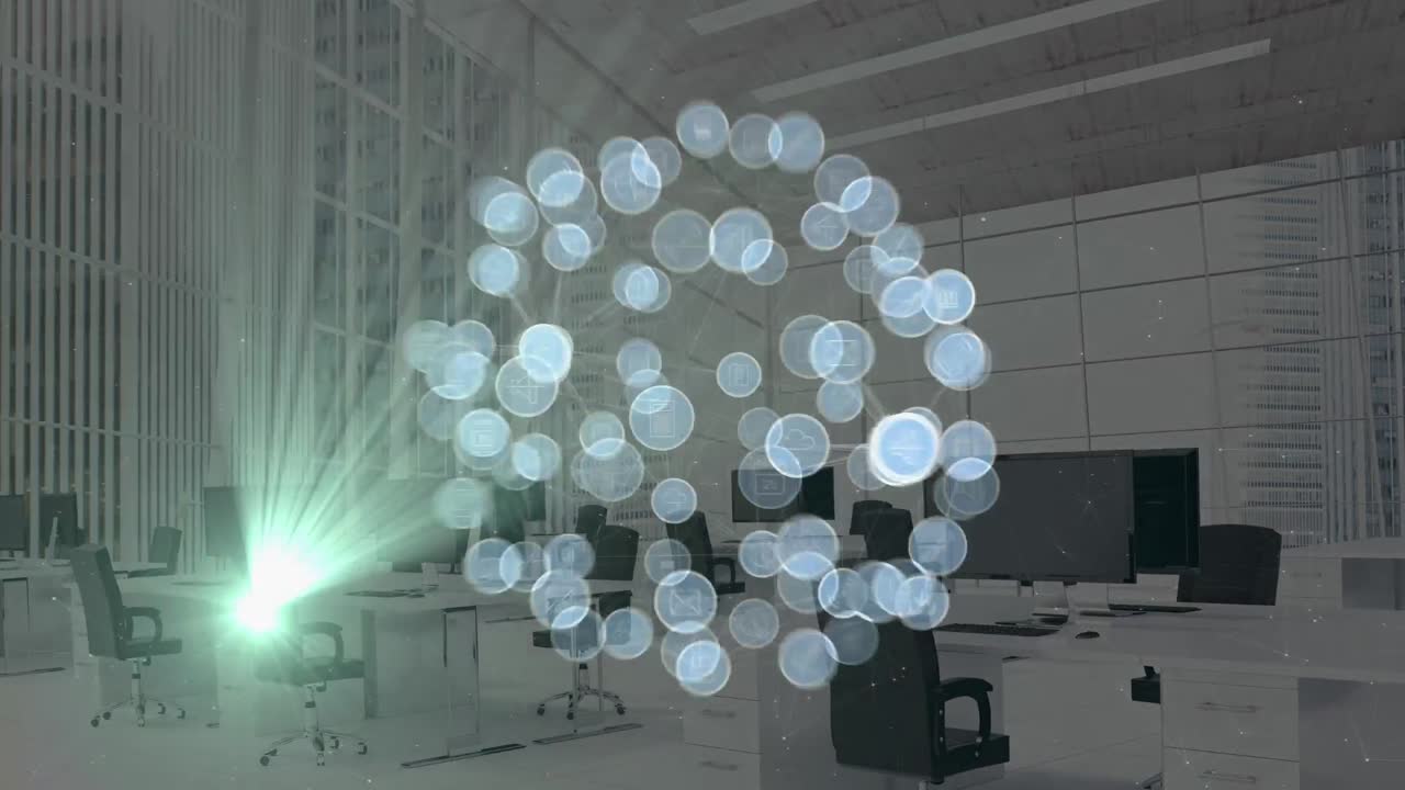 Animation of network of connections with icons and light trails over empty office