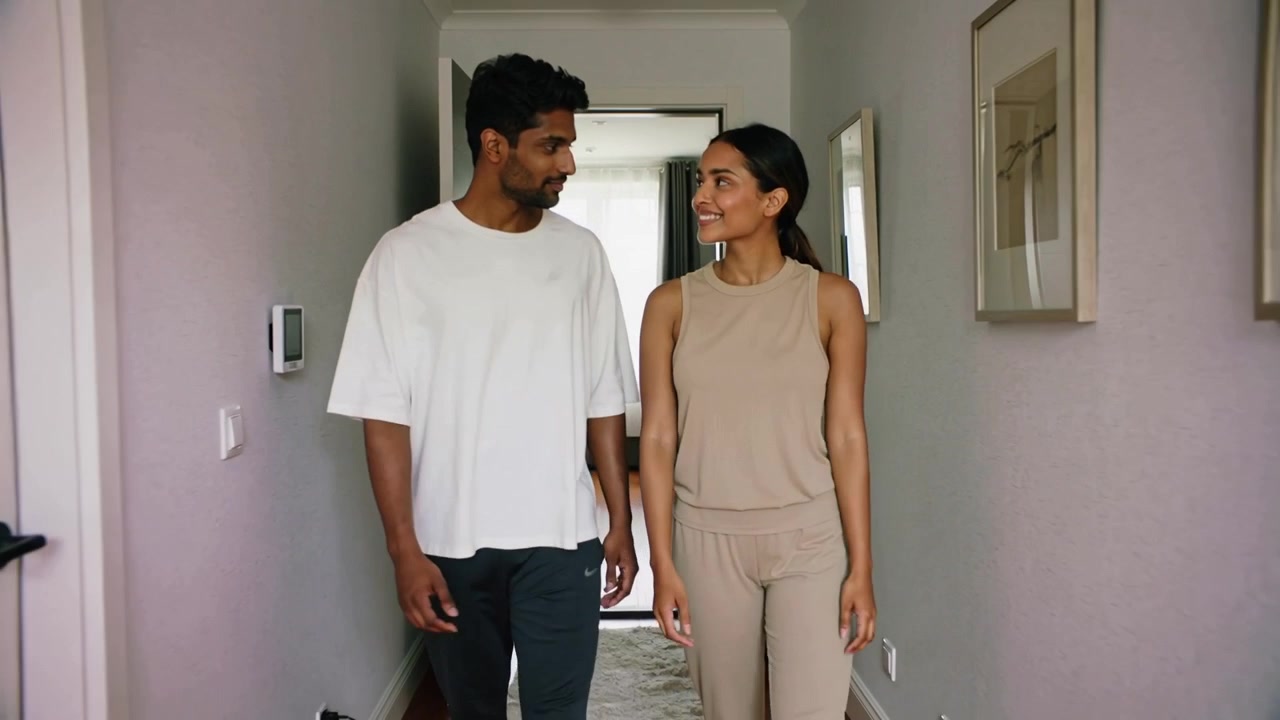 Emerging from doorway, walking couple in casual wear smiling down hall with thermostat and artwork