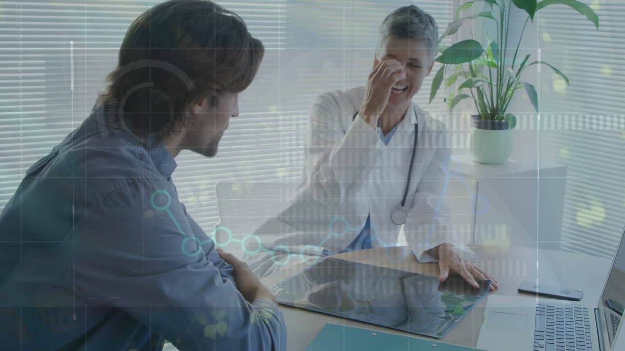 남성 환자와 대화하는 백인 여성 의사에 대한 통계 데이터 처리의 애니메이션