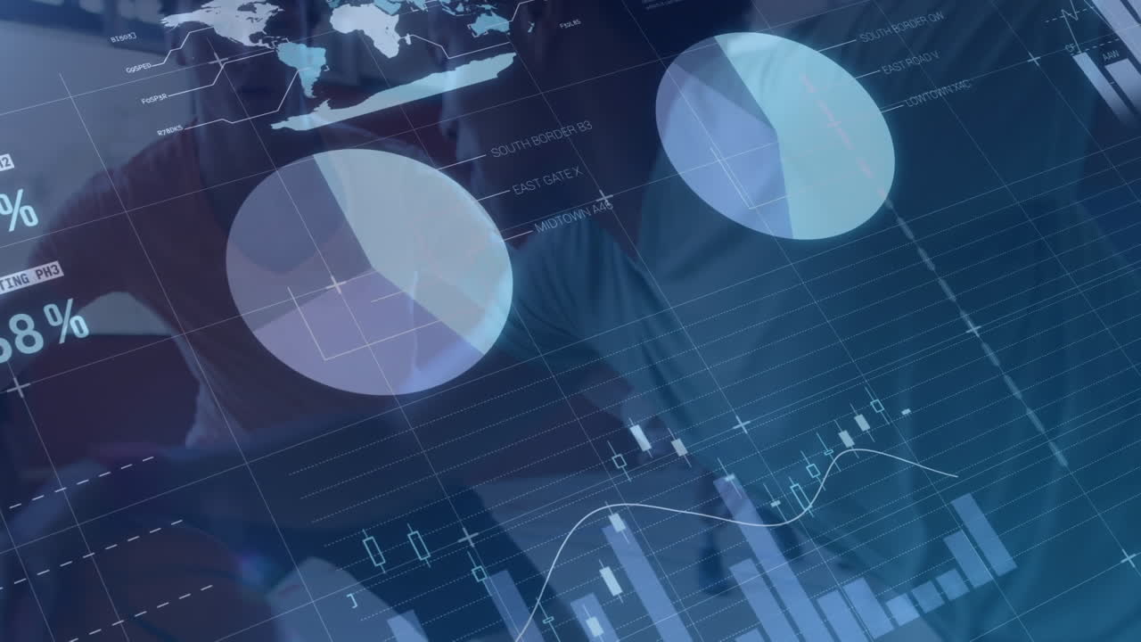 Animation of financial data processing over diverse group of male basketball players at gym