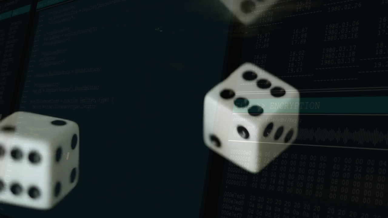 Floating white dice being visualized in tech scene with 3D showing encryption code and randomness