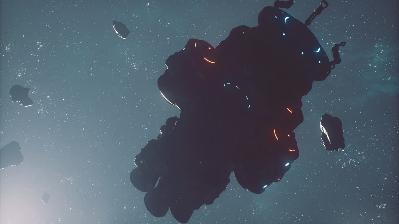 Exploration of deep space with futuristic spacecraft navigating asteroid belt