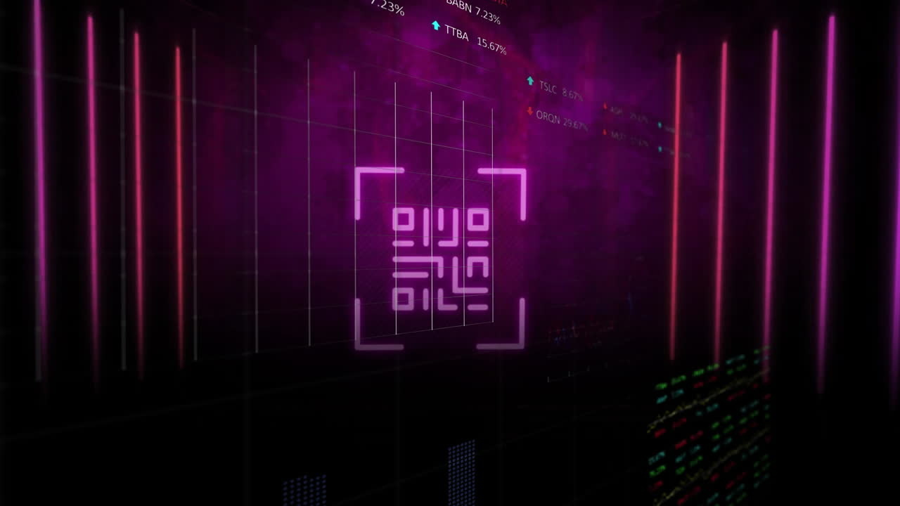 animación de código qr y luces de neón sobre el procesamiento de datos financieros en fondo oscuro