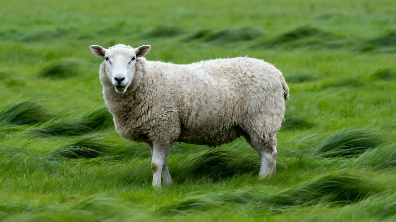 Ein stehendes erwachsenes Schaf mit dicker Wolle auf einer grasbewachsenen Weide, das seinen Kopf im Wind über Grasbüschel dreht.
